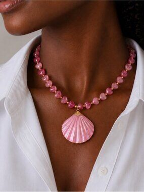 New! Coastal Colorful Pink Beaded Shell Dopamine Necklace NWOT